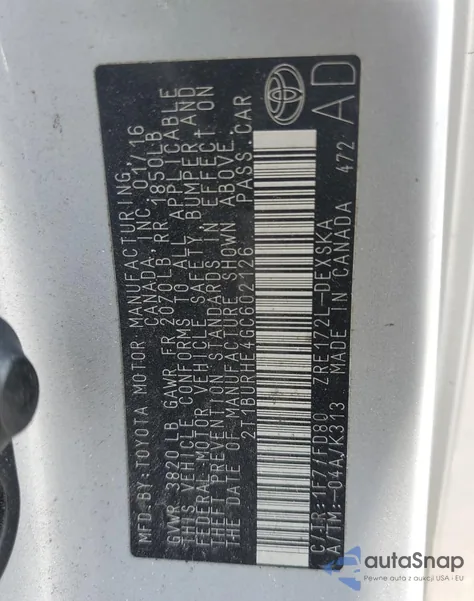 2016 Toyota Corolla L z USA, uszkodzony, nr VIN 2T1BURHE4GC602126